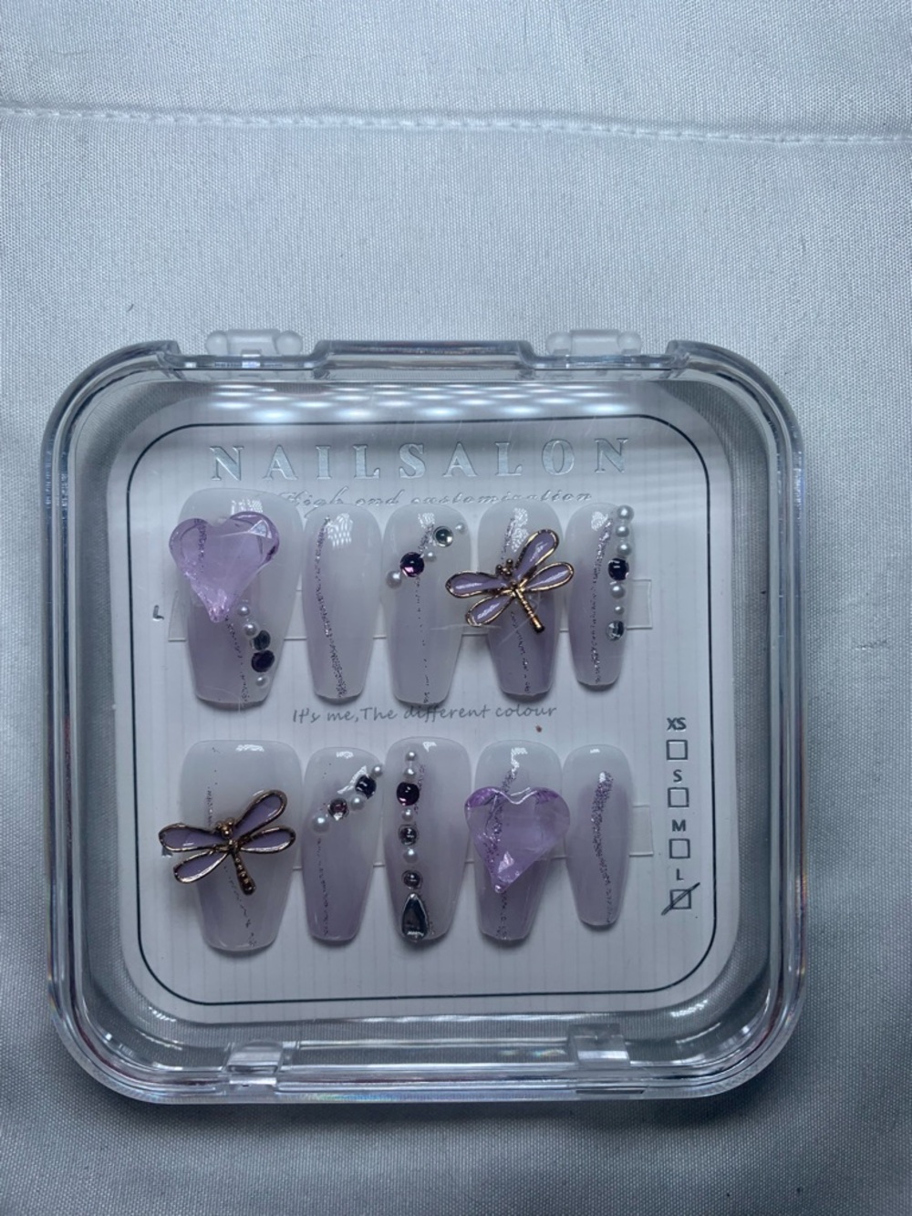 Lilac Accent Press-On Nail Set with Hearts & Dragonflies
